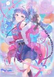 1girl ahoge animal_collar arm_belt balloon bandaid bandaid_on_face bandaid_on_knee bandaid_on_leg bandaid_on_nose belt belt_buckle black_belt black_collar black_socks blinklikeer blood blood_drip blue_eyes blue_hair blue_skirt blunt_bangs bright_pupils buckle buttons chain chain_leash clothes_writing cloud coat coat_partially_removed collar colored_inner_hair commission cowboy_shot day drill_hair eyelashes frilled_sleeves frills fur-trimmed_coat fur-trimmed_shirt fur_trim hair_intakes hair_ornament happy heart heart_balloon heart_hair_ornament heart_print high-waist_skirt highres holding holding_mace holding_weapon kneehighs leash light_blush light_particles long_hair long_sleeves mace miniskirt multicolored_hair one_side_up open_mouth original outdoors petals pink_blood pink_coat pink_hair pink_pupils pink_ribbon pink_shirt pleated_skirt puffy_long_sleeves puffy_sleeves ribbon sample_watermark shirt sidelocks single_kneehigh single_sock skirt sleeveless sleeveless_shirt smile socks solo streaked_hair teeth too_many_watermarks upper_teeth_only very_long_hair walking watermark watermark_grid weapon wing_hair_ornament