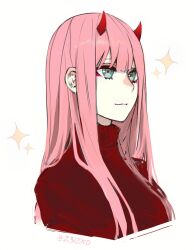 Rule 34 | 1girl, 23i2ko, :3, blue eyes, darling in the franxx, hair over shoulder, highres, horns, long hair, pink hair, portrait, red horns, red sweater, simple background, solo, sparkle, sweater, very long hair, white background, zero two (darling in the franxx)