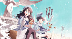 1boy 1girl artist_name bird black_pantyhose black_socks blue_bow blue_eyes blue_hat blue_neckerchief blue_shirt blue_shorts blue_sky bow brown_hair building commentary_request copyright_notice dutch_angle feet_out_of_frame fountain frilled_cuffs frilled_sailor_collar frills grimace hat hinata_(echoloveloli) holding holding_ice_cream_cone ice_cream_cone lamppost long_hair long_sleeves looking_at_animal neckerchief open_mouth original outdoors pantyhose sailor_collar school_uniform shirt shorts signature sitting skirt sky sleeve_bow smile socks spilling statue straight_hair sunlight surprised water watermark white_sailor_collar white_skirt