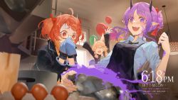 3girls :d ahoge animal_ears apron arknights arms_up bad_food balloon beagle_(arknights) black-framed_eyewear black_apron black_jacket black_necktie blonde_hair blue_shirt bracelet breasts ceiling_light closed_eyes collared_shirt cooking covering_own_mouth egg female_focus glasses hair_bun hair_ornament hair_ribbon hairclip hibiscus_(arknights) highres horns indoors infection_monitor_(arknights) jacket jewelry kitchen kroos_(arknights) kuroduki long_sleeves medium_breasts multiple_girls necktie open_mouth oven_mitts pointy_ears pot purple_eyes purple_hair rabbit_ears red_eyes red_hair red_ribbon ribbon semi-rimless_eyewear shirt short_hair sidelocks single_hair_bun smile striped_necktie tearing_up tears teeth timestamp translation_request turn_pale under-rim_eyewear upper_body upper_teeth_only whisk