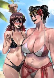Rule 34 | 2girls, bare shoulders, black eyes, blue eyes, breasts, character request, eyewear on head, glasses, hair ornament, hairpin, highres, huge breasts, large breasts, long hair, meme, midriff, mole, mole on breast, multiple girls, navel, neuron activation (meme), original, sfour s4, short hair, sunglasses, swimsuit, yuri