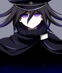 1boy 8takenokonosato8 black_cape black_hair black_hat cape closed_mouth danganronpa_(series) danganronpa_v3:_killing_harmony grey_background hair_between_eyes hat head looking_at_viewer male_focus oma_kokichi peaked_cap purple_eyes purple_hair sky_print smile solo tagme