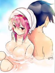 1girl bad_id bad_twitter_id bath bathing blush breasts chaos;child miyashiro_takuru onoe_serika pink_hair red_eyes rotte_(1109) smile towel towel_on_head water wet