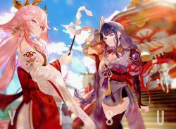 4girls animal_ear_piercing animal_ears architecture armor artist_name asymmetrical_sleeves back_bow bare_shoulders black_thighhighs blonde_hair blue_sky blunt_bangs blurry blurry_background bow braid breasts bridal_gauntlets cleavage closed_mouth cloud cloudy_sky commentary couple detached_collar detached_sleeves dress east_asian_architecture english_commentary eyeliner floating fox_ears fox_girl genshin_impact hair_between_eyes hair_flowing_over hair_ornament head_tilt headpiece highres japanese_clothes kimono large_breasts light_particles light_rays long_braid long_hair long_sleeves looking_at_viewer looking_to_the_side lumine_(genshin_impact) makeup mitsudomoe_(shape) mole mole_under_eye multicolored_hair multiple_girls neck_ribbon outdoors paimon_(genshin_impact) parted_lips pink_hair pink_lips purple_eyes purple_hair purple_kimono raiden_shogun red_eyeliner red_ribbon red_sash ribbon sash short_hair shoulder_armor sideboob single_braid sky standing streaked_hair sunbeam sunlight thighhighs tomoe_(symbol) twitter_username uneven_sleeves upper_body watermark white_dress wide_sleeves yae_miko yisu5131 yuri