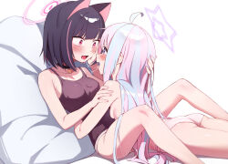 2girls absurdres after_kiss ahoge animal_ears ass black_choker black_hair black_tank_top blue_archive blue_hair blush cat_ears choker eye_contact fang halo hand_on_another&#039;s_cheek hand_on_another&#039;s_face hand_on_another&#039;s_head highres kazusa_(blue_archive) long_hair looking_at_another multicolored_hair multiple_girls open_mouth panties pink_hair pink_panties purple_eyes red_eyes reisa_(blue_archive) saliva saliva_trail short_hair tank_top tongue tongue_out topless_female two-tone_hair underwear whonyang yuri
