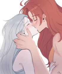 2girls bare_arms blush closed_eyes commentary diana_(league_of_legends) from_side grey_hair grey_tank_top hashtag-only_commentary highres kiss league_of_legends leona_(league_of_legends) long_hair multiple_girls piuuu_(piuulol) pointy_ears profile red_hair signature simple_background tank_top white_background yuri