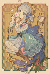 1girl ayaka_(genshin_impact) back_bow blue_bow blue_butterfly blue_dress blue_eyes blue_hair blunt_tresses boots border bow braid braided_hair_rings brown_background brown_boots brown_hat bug butterfly butterfly_hair_ornament commentary_request dress flower full_body genshin_impact hair_ornament hair_rings hat holding holding_letter insect ituki_gnsn kamisato_ayaka kamisato_ayaka_(springbloom_missive) letter official_alternate_costume official_alternate_hairstyle pantyhose paper red_flower solo translation_request white_flower white_pantyhose white_sleeves yagasuri