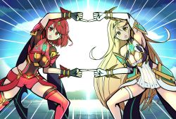 2girls armor bare_shoulders blonde_hair bob_cut breasts cleavage cleavage_cutout clothing_cutout cloud corrupted_metadata covered_navel dragon_ball dress dual_persona earrings elbow_gloves female_focus fingerless_gloves fusion_dance gem gloves glowing hair_ornament headpiece jewelry large_breasts light long_hair matching_hair/eyes multiple_girls mythra_(xenoblade) nintendo open_mouth pantyhose phiphi-au-thon pyra_(xenoblade) red_eyes red_hair red_shorts short_hair shorts shoulder_armor sky swept_bangs the_bar_(tag_team) thigh_strap thighhighs tiara twitter_username very_long_hair wwe xenoblade_chronicles_(series) xenoblade_chronicles_2 yellow_eyes