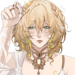 1girl aglaea_(honkai:_star_rail) aqua_eyes bare_shoulders blonde_hair chest_tattoo colored_inner_hair dele7n dress expressionless fingernails gold_nails gold_necklace gold_ring head_wreath highres honkai:_star_rail honkai_(series) jewelry long_fingernails looking_at_hand medium_hair multicolored_eyes multicolored_hair multiple_rings necklace ring simple_background solo straight-on sweatdrop tattoo white_background white_dress