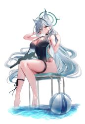 1girl absurdres ahoge alternate_costume animal_ear_fluff animal_ears assault_rifle ball beachball black_choker black_one-piece_swimsuit black_ribbon blue_archive blush breasts broken_halo chair choker cleavage covered_navel cross cross_hair_ornament extra_ears grey_eyes grey_hair grey_halo gun hair_intakes hair_ornament halo highres inverted_cross large_breasts leg_ribbon long_hair looking_at_viewer maru_ccy mismatched_pupils multicolored_swimsuit on_chair one-piece_swimsuit ribbon rifle shiroko_(blue_archive) shiroko_terror_(blue_archive) sig_sauer sig_sauer_556 simple_background sitting skindentation solo swimsuit thigh_strap thighs very_long_hair water weapon white_background wolf_ears wolf_girl