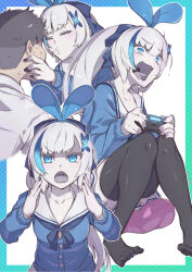 1boy 1girl angry annoyed azur_lane black_hair black_nails blue_bow blue_bowtie blue_eyes blue_hair blue_hairband blue_ribbon blue_shirt blush bow bowtie breasts cleavage colored_skin commander_(azur_lane) cosplay facing_another facing_viewer full_body hair_between_eyes hair_ornament hair_ribbon hairband hands_on_another&#039;s_cheeks hands_on_another&#039;s_face head_grab highres imminent_kiss kizuna_ai kizuna_ai_(cosplay) kizuna_ai_inc. knees_together_feet_apart long_hair long_sleeves looking_at_viewer miniskirt multicolored_hair multiple_views myuutau_tadakichi nail_polish pale_skin pleated_skirt ponytail ribbon screaming serious shirt shouting siren_(azur_lane) sitting skirt solo_focus streaked_hair tb_(azur_lane) tearing_up thighhighs two-tone_hair upper_body very_long_hair voice_actor_connection white_hair white_shirt white_skin white_skirt x_hair_ornament