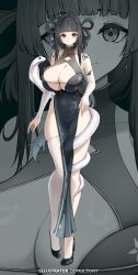1girl absurdres amaterasu_(himegami_emaki) black_hair blunt_bangs breasts bridal_gauntlets china_dress chinese_clothes cleavage defaultkavy dress full_body highres himegami_emaki large_breasts looking_at_viewer red_eyes single_thighhigh snake snake_wrapped_around_body thighhighs white_bridal_gauntlets white_snake zoom_layer
