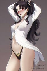 1girl :o arms_up artist_name black_hair black_pants blush breasts cowboy_shot fate/grand_order fate_(series) hair_down ishtar_(fate) long_hair midriff naked_shirt navel paid_reward_available panties pants partially_unbuttoned red_eyes see-through_clothes shirt small_breasts solo stomach twitter_username two_side_up underwear very_long_hair white_shirt xkzan