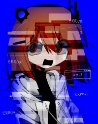 1girl @_@ a.i._voice adachi_rei black_shirt blue_background drawstring error_message glitch headlamp highres hood hood_down hooded_jacket jacket looking_at_viewer medium_hair open_clothes open_jacket open_mouth orange_eyes orange_hair radio_antenna shirt sn_(sn_utu00) solo upper_body utau white_jacket window_(computing)