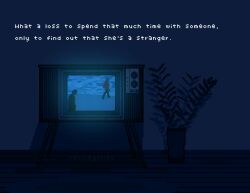 blue_theme crt dark dial_television dim_lighting drop_shadow english_text glowing_object highres onlypixeeels original pixel_art plant potted_plant scenery shadow silhouette walking