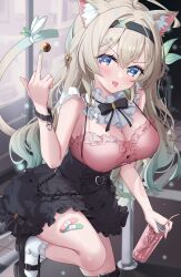 1girl alternate_costume animal_ears black_dress black_hairband black_ribbon blush breasts cat_ears cat_girl cat_tail cleavage collar cup dress firefly_(honkai:_star_rail) frilled_collar frills gradient_eyes gradient_hair gradient_tail green_pupils grey_hair hair_between_eyes hair_intakes hair_ornament hair_ribbon hairband highres hiyada_yuu holding holding_cup honkai:_star_rail honkai_(series) large_breasts long_hair middle_finger multicolored_eyes multicolored_hair neck_ribbon ribbon solo tail thighs tongue tongue_out white_collar