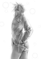 Rule 34 | 1boy, ass, blush, closed mouth, cloud strife, crossdressing, final fantasy, final fantasy vii, greyscale, hand on own ass, highres, lace trim, long sleeves, looking at viewer, male focus, monochrome, no pants, panties, shirt, short hair, spiked hair, underwear, wadanoki1st