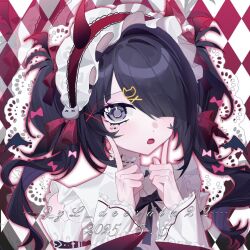 1girl ame-chan_(needy_girl_overdose) argyle_background black_eyes bow collar dated demon_horns detached_sleeves frilled_collar frilled_sleeves frills ghost_hair_ornament hair_bow hair_ornament hair_over_one_eye highres horns lace looking_at_viewer maid_headdress multiple_hair_bows neck_ribbon needy_girl_overdose pointing pointing_up ribbon short_twintails shoulder_belt sidelocks solo twintails upper_body x_hair_ornament xi69386500