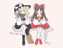 2girls ascot black_boots black_hair black_scarf blonde_hair boots bow broom crossed_legs dress frills gohei hair_bow hair_tubes hakurei_reimu hat hat_bow holding holding_broom invisible_chair kirisame_marisa leg_warmers long_hair long_sleeves looking_at_viewer mokeo multiple_girls red_boots red_bow red_eyes scarf simple_background sitting sleeves_past_wrists touhou twitter_username white_bow white_dress white_leg_warmers witch_hat yellow_ascot yellow_eyes