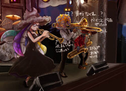 3girls aqua_hair black_dress black_necktie black_pants blonde_hair collared_shirt concert dress drum drum_set grey_hat hat holding holding_instrument holding_saxophone holding_trombone instrument multicolored_hair multiple_girls music necktie nintendo orange_hair pants patterned_hair plaid_clothes plaid_shirt playing_instrument purple_hair red_shirt saxophone shirt splatoon_(series) splatoon_3 stage strap_slip suspenders sweat tao_blu tentacle_hair tosh_(splatoon) trombone white_shirt wildcard1_4 yoko_(splatoon)