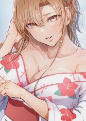 1girl alternate_costume arm_behind_head asuna_(sao) bare_shoulders blonde_hair blush breasts cior cleavage collarbone commentary_request floral_print floral_print_kimono hand_up highres japanese_clothes kimono large_breasts lips long_hair long_sleeves looking_at_viewer obi off_shoulder parted_bangs parted_lips print_kimono sash solo sweat sword_art_online upper_body white_kimono yellow_eyes yukata