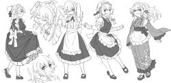 absurdres alternate_costume alternate_hairstyle apron arms_behind_head braid clothes_lift expressionless frills full_body hair_between_eyes hair_bun hair_ribbon highres japanese_clothes kimono kirisame_marisa long_hair long_sleeves looking_at_viewer maid maid_apron maid_headdress mero_(starfish_jcs) multiple_expressions open_mouth ribbon sandals shirt shoes skirt smile touhou variations vest wa_maid white_background