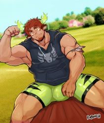 1boy animal_ears bara biceps blurry blurry_background blush brown_eyes brown_hair bulge cow_ears dark-skinned_male dark_skin facial_hair field fiery_horns flexing forked_eyebrows glowing_horns goatee green_shorts grey_shirt highres hooded_shirt horns large_pectorals looking_at_viewer male_focus muscular navel pectorals robokeh shirt short_hair shorts sitting sleeveless sleeveless_shirt solo spread_legs thick_eyebrows thick_thighs thighs tight_clothes tokyo_houkago_summoners wakan_tanka
