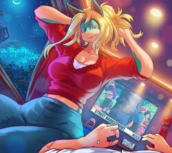 2girls 6+boys absurdres animal_ears arrest baby black_hair blonde_hair blue_pants boku_no_hero_academia breasts colored_skin commentary_request crescent_moon denim flat_screen_tv furry green_eyes green_skin highres indoors ippan_josei jeans large_breasts long_hair long_sleeves looking_at_viewer lying midoriya_izuku mineta_minoru moon multicolored_skin multiple_boys multiple_girls multiple_scars night on_back pants photo_(object) picture_frame police ponytail purple_hair red_shirt scar scar_on_arm scar_on_hand shirt sitting smile spanish_commentary sunglasses sweatdrop television todoroki_shouto vlizz vlizzyvlizz117 wcdonald&#039;s white_skin yaoyorozu_momo