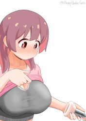 1girl artist_name blush bra breast_pump breasts brown_hair clothes_lift collarbone commentary frown grey_bra hair_down happyundergate highres large_breasts lifting_own_clothes long_hair milking_machine multicolored_hair murosaki_miyo nose_blush onii-chan_wa_oshimai! paid_reward_available pink_shirt red_eyes red_hair shirt shirt_lift simple_background solo taut_clothes twitter_username two-tone_hair underwear upper_body white_background