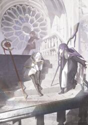 1boy 2girls absurdres arch artist_name baluster black_coat black_pantyhose boots brown_footwear capelet coat commentary dress earrings english_commentary fern_(sousou_no_frieren) floating_earring frieren from_side full_body gold_trim highres jacket jewelry leaning looking_at_another mage_staff multiple_girls muted_color open_clothes open_jacket outdoors pantyhose pointy_ears purple_eyes purple_hair railing red_hair red_jacket rose_window sitting skirt sorrowny sousou_no_frieren staff stairs stark_(sousou_no_frieren) twintails white_capelet white_dress white_hair white_skirt white_theme