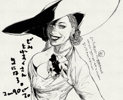 Rule 34 | 1girl, absurdres, alcina dimitrescu, bakushi (smys2017), breasts, cleavage, commentary request, dress, greyscale, grin, hat, highres, jewelry, large breasts, looking at viewer, monochrome, necklace, resident evil, resident evil village, short hair, simple background, smile, solo, sun hat, translation request, upper body