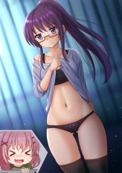 &gt;_&lt; 10s 1girl 2girls :d :s &gt;_&lt; age_difference black_bra black_panties black_thighhighs blush bow bow_panties bra closed_eyes closed_mouth clothes_lift collarbone comic_girls commentary drawing_tablet embarrassed english_commentary fang glasses gluteal_fold hair_ornament hairclip highres irokawa_ruki kazenokaze lifting_own_clothes long_hair looking_at_viewer moeta_kaoruko multiple_girls navel no_pants onee-loli open_clothes open_mouth open_shirt panties pink_hair ponytail purple_eyes purple_hair semi-rimless_eyewear shirt shirt_lift smile solo_focus sports_bra standing stomach stylus thighhighs under-rim_eyewear underwear wavy_mouth x_hair_ornament xd yuri