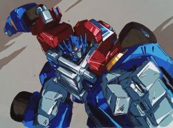 1980s_(style) autobot clenched_hands grey_background marble-v mecha no_humans oldschool optimus_prime orange_eyes retro_artstyle robot science_fiction solo transformers transformers_armada transformers_unicron_trilogy wheel