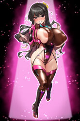 1girl black_boots black_hair blush boots breasts brown_gloves cleavage colored_inner_hair covered_erect_nipples eyebrows_hidden_by_hair finger_to_own_chin fishnet_gloves fishnet_thighhighs fishnets full_body garter_belt gloves grin groin hair_ribbon highres huge_breasts inverted_nipples kantai_collection large_areolae large_variant_set lips long_hair looking_at_viewer multicolored_hair naganami_(kancolle) open_mouth pink_hair pubic_tattoo ribbon smile solo super_highleg taimanin_suit tattoo teeth thighhighs vambraces variant_set yellow_eyes yellow_ribbon yoshi_tama