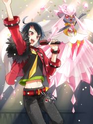 1boy :d ahoge alternate_costume arm_up bad_id bad_pixiv_id belt black_hair brendan_(pokemon) confetti diancie gen_6_pokemon groin heart highres holding idol jacket legendary_pokemon male_focus microphone mythical_pokemon navel nintendo open_clothes open_jacket open_mouth pink_lips poke_ball pokemon pokemon_(creature) pokemon_adventures red_eyes scar short_hair smile sparkle sweat yukin_(es)