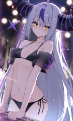 1girl absurdres ahoge bikini black_bikini black_horns blurry blurry_background braid braided_bangs breasts closed_mouth cowboy_shot demon_horns depth_of_field double-parted_bangs flat_chest grey_hair hair_between_eyes highres hololive horns inflatable_armbands la+_darknesss long_hair multicolored_hair pointy_ears purple_hair slit_pupils solo stomach streaked_hair string_bikini striped_horns swimsuit tail thomas_8000 two-tone_hair very_long_hair virtual_youtuber yellow_eyes
