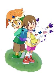 1boy 1girl backpack bad_id bad_pixiv_id bag blonde_hair blue_eyes brown_hair cat digimon digimon_(creature) digimon_adventure gloves green_shirt hat highres open_mouth patamon randoseru red_eyes scarf sendou shirt short_hair tail tailmon takaishi_takeru yagami_hikari aged_down