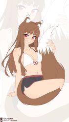 1girl absurdres animal_ear_fluff animal_ears arm_support bikini bikini_top_only black_shorts blush breasts brown_hair commentary dolphin_shorts english_commentary grin highres holding_own_tail holo large_breasts large_tail likunea looking_at_viewer medium_breasts patreon_logo patreon_username red_eyes shorts sitting smile spice_and_wolf swimsuit tail twitter_username twitter_x_logo white_bikini wolf_ears wolf_girl wolf_tail zoom_layer