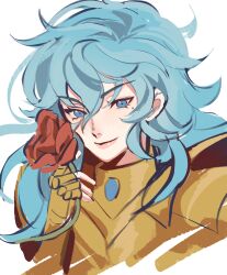 1boy armor blue_eyes blue_hair flower gold_armor gold_cloth gold_saint hand_up highres holding holding_flower kaitotenjoirl long_hair looking_at_viewer male_focus mole mole_under_eye pauldrons pisces_aphrodite red_flower red_rose rose saint_seiya shoulder_armor smile trap