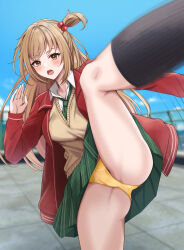 Rule 34 | 1girl, absurdres, amakage yuuri, black socks, blue sky, blurry, blurry background, blush, breasts, brown hair, brown sweater, cloud, collared shirt, commentary request, commission, day, deatte 5-byou de battle, depth of field, feet out of frame, fence, green necktie, green skirt, hand up, high kick, highres, jacket, kicking, large breasts, long hair, long sleeves, miniskirt, mons pubis, motion blur, motion lines, necktie, on rooftop, one side up, open mouth, orange eyes, outdoors, panties, pantyshot, plaid clothes, plaid necktie, plaid skirt, pleated skirt, red jacket, school uniform, shirt, sidelocks, skeb commission, skirt, sky, socks, solo, sphere hair ornament, sweater, teeth, thighs, tile floor, tiles, underwear, upper teeth only, v-shaped eyebrows, white shirt, yellow panties, yuzuyu (hyui)