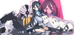 1girl absurdly_long_hair absurdres black_hair black_skirt blue_archive blue_necktie bright_pupils closed_mouth collared_shirt commentary_request dress_shirt force_(fossan_01) halo highres kei_(blue_archive) kei_(robot)_(blue_archive) long_hair long_sleeves looking_at_viewer miniskirt necktie pink_eyes pink_halo pleated_skirt puffy_long_sleeves puffy_sleeves rectangular_halo shirt sitting skirt very_long_hair wariza white_pupils white_shirt zoom_layer