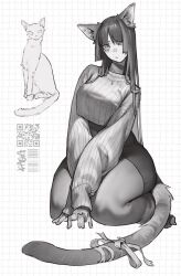1girl animal_ear_fluff animal_ears artist_name barcode breasts cat cat_ears cat_girl cat_tail full_body greyscale highres jewelry kgm leggings long_hair monochrome necklace original qr_code signature solo sweater tail tail_ornament thick_thighs thighs