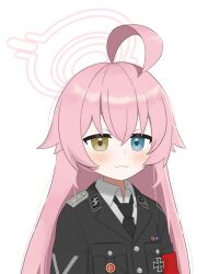 1girl :3 ahoge armband black_cat03 black_jacket black_necktie blue_archive blue_eyes blush collar_tabs collared_shirt commentary cross english_commentary hair_between_eyes hair_flaps halo heterochromia highres hoshino_(blue_archive) iron_cross jacket lapels long_hair looking_at_viewer military_dress_uniform military_uniform nazi nazi_party_pin necktie notched_lapels pink_hair pink_halo pocket red_armband shirt shoulder_boards sidelocks simple_background solo ss_insignia ss_uniform swastika upper_body white_background white_shirt yellow_eyes