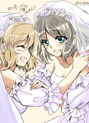 2023 2girls bare_shoulders black_hair blush breasts bridal_veil bride brown_hair cleavage commentary_request dated dress female_focus green_eyes highres kanna_(plum) kohinata_miku medium_breasts multiple_girls senki_zesshou_symphogear short_hair tachibana_hibiki_(symphogear) twitter_username veil wedding wedding_dress white_dress wife_and_wife yuri