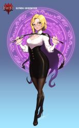 1girl black_corset black_footwear black_skirt blonde_hair breasts brown_pantyhose character_name cleavage closed_mouth commentary copyright_logo corset earrings english_commentary eyelashes full_body glynda_goodwitch green_eyes high_heels highres holding jewelry official_art pantyhose rwby shirt short_hair signature skirt solo uyalago white_shirt