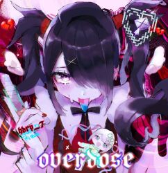 Rule 34 | 1girl, :d, ame-chan (needy girl overdose), black hair, blonde hair, blue eyes, blue hair, blue serafuku, blue tongue, bow, boxcutter, character doll, chest bow, chibi, chouzetsusaikawa tenshi-chan, colored tongue, cursor, doll, drawn wings, english text, hair bow, hair ornament, hair over one eye, hand on own wrist, holding, holding boxcutter, looking at viewer, multiple hair bows, naishukketsukata, needy girl overdose, open mouth, pink hair, purple eyes, quad tails, reaching, reaching towards viewer, red nails, school uniform, serafuku, short twintails, sidelocks, smile, sweat, twintails, upper body, x hair ornament
