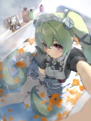 1girl apron bags_under_eyes bathtub black_dress breasts commentary_request corin_wickes dress green_hair hair_between_eyes highres kanana_no_e long_hair looking_at_viewer maid maid_apron maid_headdress partially_submerged photo_(object) picture_frame puffy_short_sleeves puffy_sleeves purple_eyes screw_hair_ornament shampoo_bottle short_sleeves solo twintails white_apron zenless_zone_zero