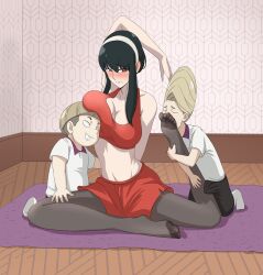 1girl absurdres age_difference arm_up armpits black_hair blush breast_press breasts bulge carpet cleavage closed_eyes embarrassed erection erection_under_clothes exercising feet hetero highres indoors large_breasts legs long_hair looking_at_another midriff multiple_boys navel no_shoes pantyhose red_eyes short_hair_with_long_locks shota sidelocks sitting spy_x_family thighs toes yoga yor_briar