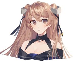 1girl :c black_sailor_collar breasts brown_eyes cleavage closed_mouth hair_between_eyes hair_ribbon headgear highres johnston_(kancolle) kantai_collection light_brown_hair long_hair medium_breasts off_shoulder portrait ribbon sailor_collar simple_background solo star_(symbol) su_konbu two_side_up very_long_hair white_background