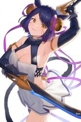 1girl animal_ears arm_up bare_shoulders bell black_gloves blush breasts cat_ears cleavage cleavage_cutout closed_mouth clothing_cutout commission cosplay cowboy_shot dress dual_wielding elbow_gloves facial_mark fikkyun final_fantasy final_fantasy_xiv fox_shadow_puppet gloves granblue_fantasy hair_bell hair_ornament hair_ribbon highres holding holding_sword holding_weapon jingle_bell medium_breasts miqo&#039;te ribbon short_dress simple_background sleeveless sleeveless_dress smile solo sword tail warrior_of_light_(ff14) weapon whisker_markings white_background yellow_eyes yuel_(granblue_fantasy) yuel_(granblue_fantasy)_(cosplay)